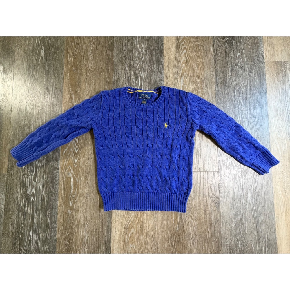 Polo Ralph Lauren Cable Knit Sweater Kids Size 5 Blue Yellow Pony Logo